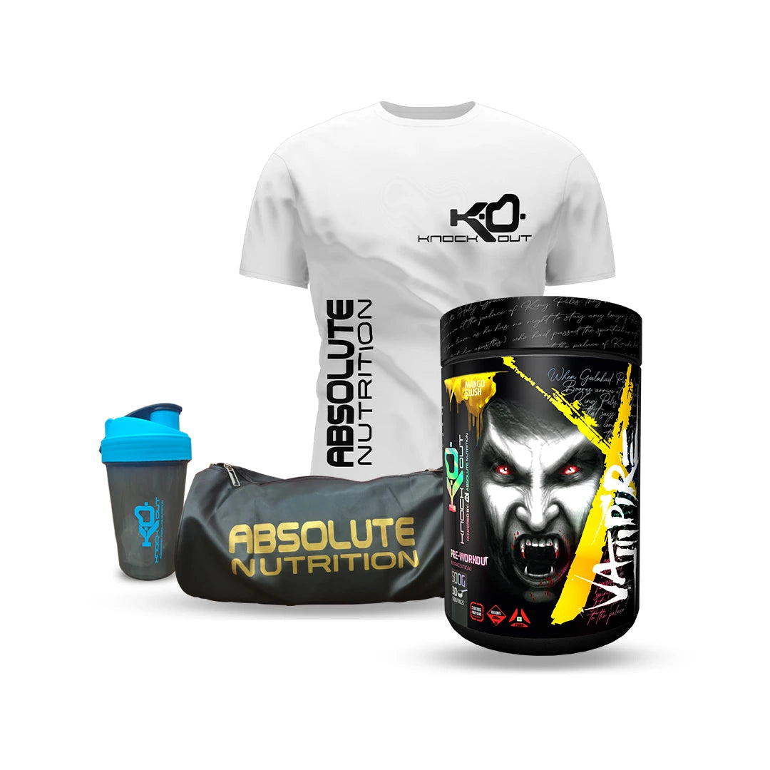 Vampire preworkout with free shaker tshirt and gymbag - knockout by absolute nutrition, best preworkout combo by knockout by absolute nutrition