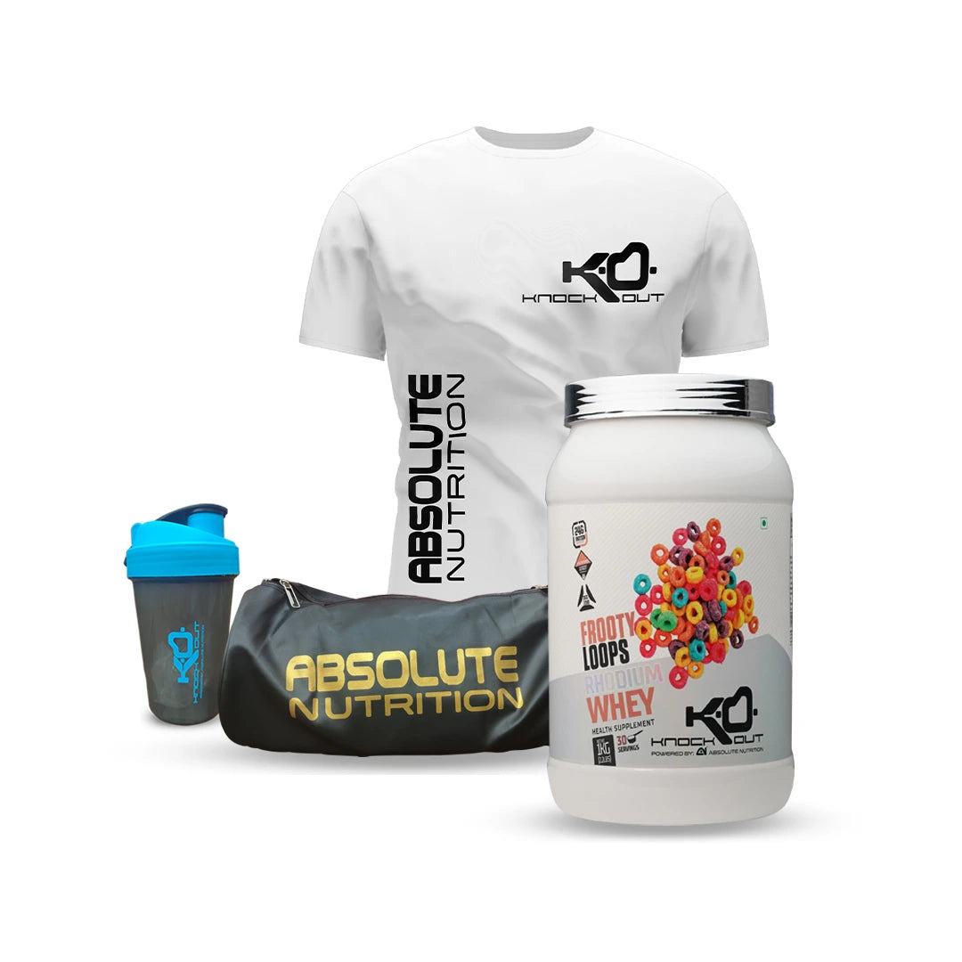 Rhodium Whey protein blend powder combo with free shaker tshirt and gymbag, best whey protein blend powder combo by knockout by absolute nutrition