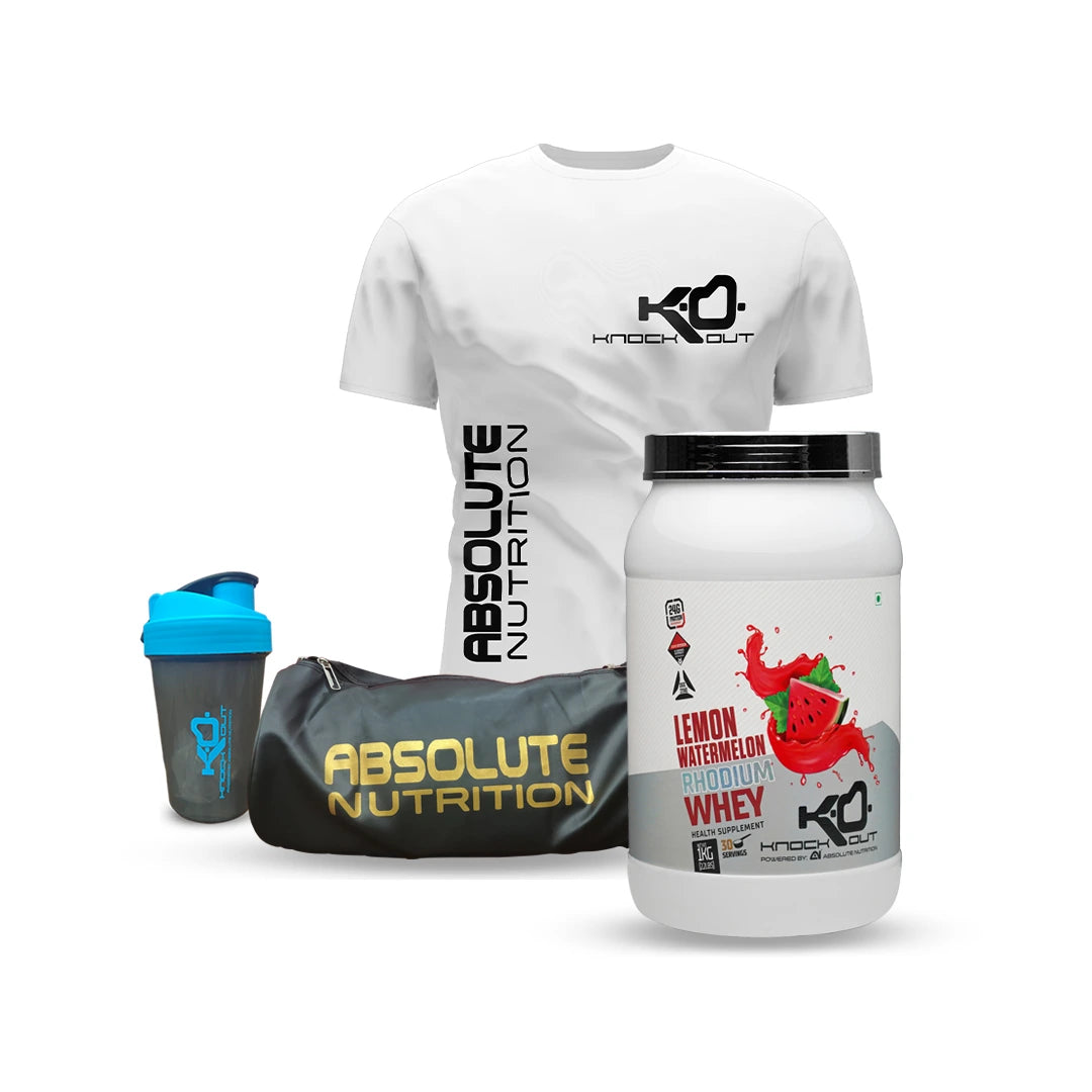 Rhodium Whey protein blend powder combo with free shaker tshirt and gymbag, best whey protein blend powder combo by knockout by absolute nutrition