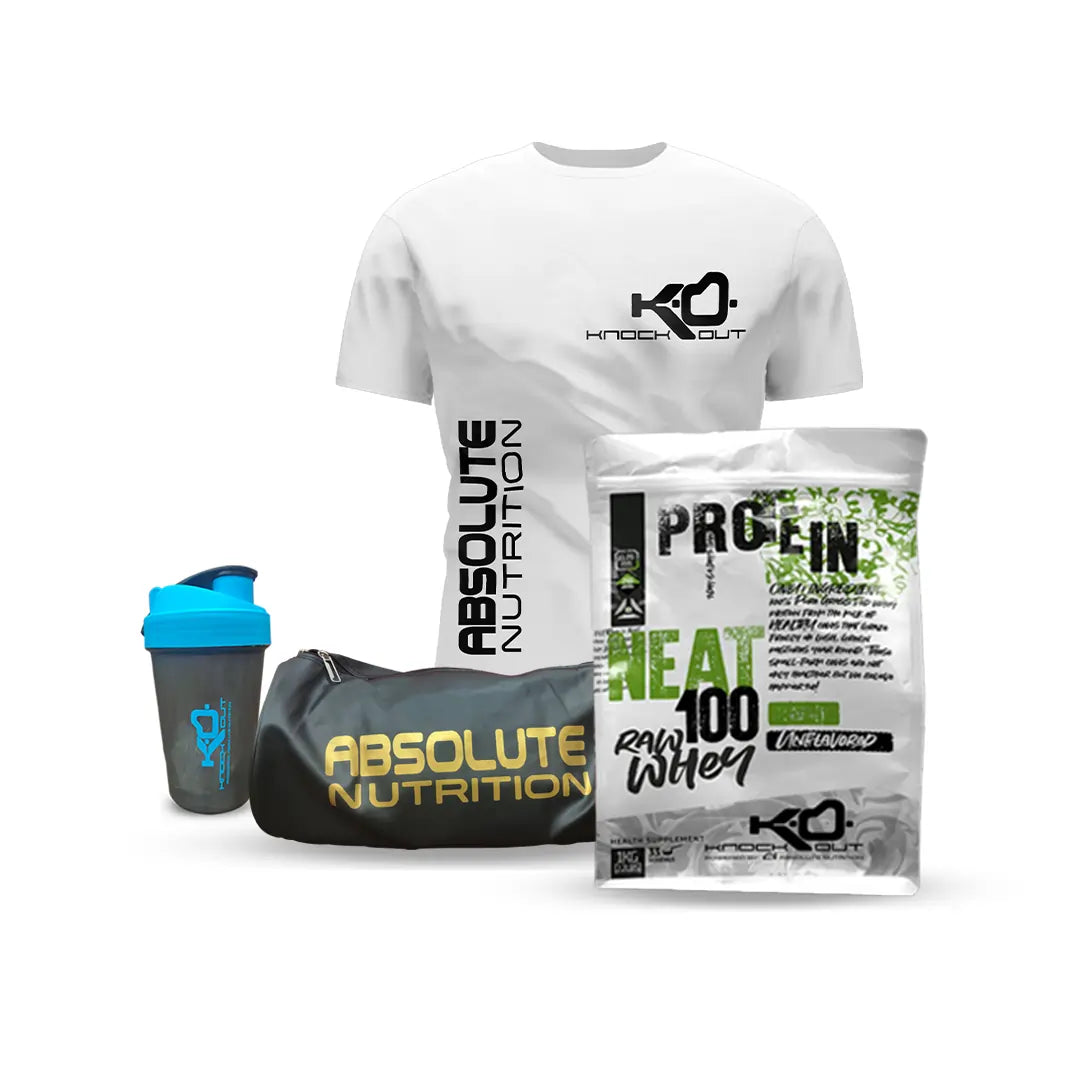 Neat 100 raw whey protein with free shaker tshirt and gymbag - knockout by absolute nutrition, best raw whey protein combo by knockout by absolute nutrition
